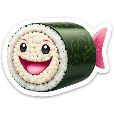 Cute Kawaii Maki Sushi Roll, small and round, wrapped in soft dark green seaweed, tiny grains of rice peeking out, a bright pink fish filling, a cheerful smiling face! sticker