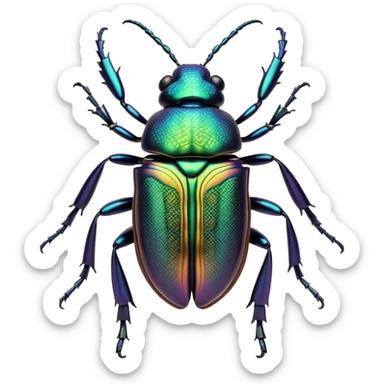 Cinematic Noble Beetle Portrait Emoji, Poised and robust, with a shiny, metallic exoskeleton in deep, iridescent hues and intricately detailed patterns, sharp, focused eyes and a sturdy, commanding form, Simplified yet sharply defined features, highly detailed, glowing with a cool, reflective luminescence, high shine, intelligent and resilient, stylized with an air of natural armor, focused and alert, soft glowing outline, capturing the essence of a watchful beetle that appears ready to crawl out of the screen with effortless strength! sticker