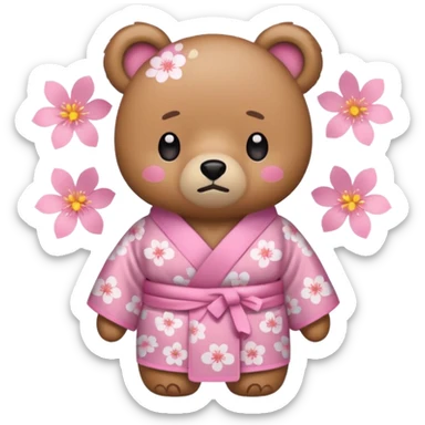 A cute light-brown bear wearing a pastel pink sakura-patterned kimono, normal balanced body ratio.  
Tears pooling under the eyes and softly streaming down cheeks, sad trembling mouth and droopy ears.  
Kawaii emoji style, minimalistic clean sticker illustration, white background. sticker
