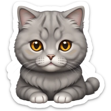 Cinematic-Fluffy-Grey-Scottish-Fold-Cat-Portrait-Emoji – Head tilted cutely with big, sparkling amber eyes, soft solid grey fur, and signature small folded ears pressed gently against its round head, simplified yet irresistibly adorable features, highly detailed, glowing with a soft and warm charm. sticker