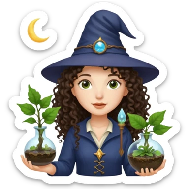 A long curly haired brunette girl with a moon witch hat, and a plant wand or plant potion terrarium sticker