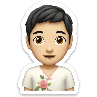 Asian boy, with black hair wearing a white dress with a rose pattern sticker