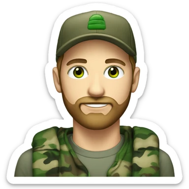 an attractive young white man with green eyes wearing a camo hat and a nicely trimmed beard sticker