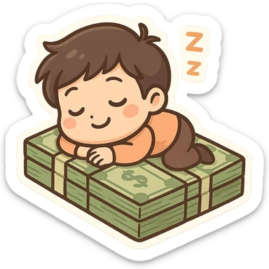 happy person napping on mattress of money sticker