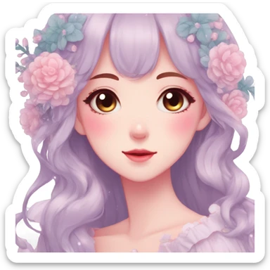 Gorgeous pastel anime style lady with blushing face and flowers cottagecore fairycore pastelcore colorful pearly romantic simplistic aesthetic trending style sticker