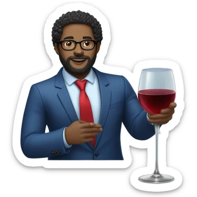 Curly hair with a fade, thick beard, black light skin guy wearing glasses wearing a blue suit and red tie holding three glasses of wine on his 2 hands sticker