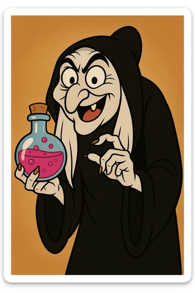 Create a cartoon style image of a Snow White witch with exaggerated features and pale skin, facing the camera and holding a potion bottle. The style should be vibrant and expressive, capturing the witch's mystical and enchanting aura. sticker