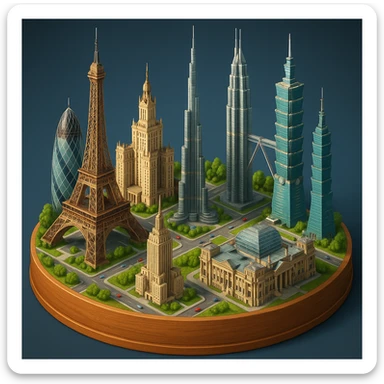 Оставь основу картинки - деревянную подставку, но при этом сгенерируй изометричная, яркая, детализированная и фотореалистичная иллюстрация где будет самые узнаваемые здания мира Эмпайр Стейт Билдинг, Эйфелева башня, здание МГУ, Бурдж-Халифа, Башни Петронас, Небоскрёб Фостера в Лондоне, Рейхстаг, Тайбэй sticker