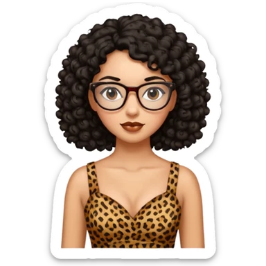A women who wears glasses with a black curly hair, in a leopard print dress sweetheart neckline  sticker
