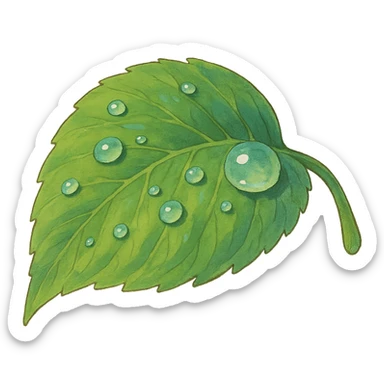 ghibli style illustration of a dew-covered leaf, fresh and vibrant, inspired by cis-3-hexenol sticker