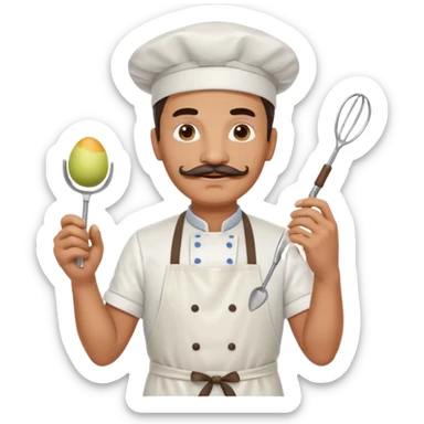 Middle aged male pastry chef - with a mustache, apron, white hat, and holding an egg beater in one hand sticker