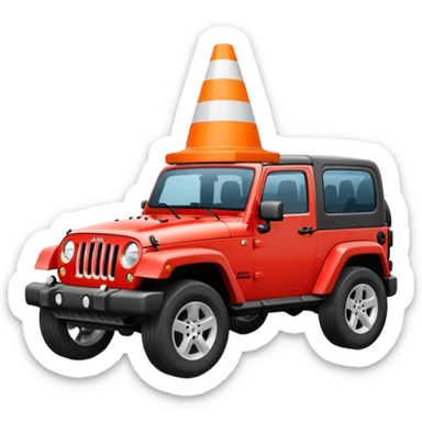 red Jeep Wrangler driving over an all-white traffic cone with no stripes or markings, emoji style sticker