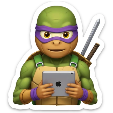 Donatello from Teenage Mutant Ninja Turtles, emoji style, with a tablet showing a hacking screen and a determined look, with a yellow hacking interface on the screen sticker