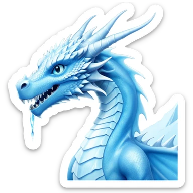 Cinematic Noble very elegant slender Ice Dragon Portrait Emoji, Poised and imposing, distinct long elegant snout, with a slender, scaled body shimmering in glacial hues of icy blue, frostbitten silver, and crystalline white, breathing out frost, with piercing, glowing ice blue white eyes that radiate the chilling depths of an arctic storm; rendered in detail. excuding wisdom sticker