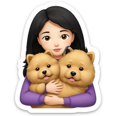 A girl with black hair hugging a beige fluffy chow chow dog sticker