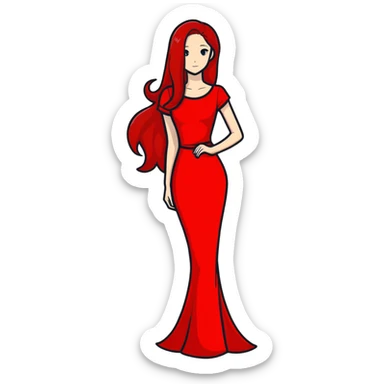 Fair-skin elegant girl in red long dress with long red hair sticker