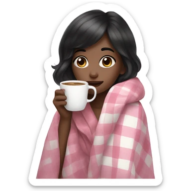 A cute black hair girl wrapped in pastel pink plaid blanket drinking coffee sticker