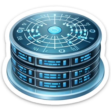 An icon featuring stacked server disks, a digital network grid, and binary code, symbolizing databases. The design includes data flow arrows, representing storage, organization, and retrieval of information. Transparent background highlights data-driven technologies. sticker