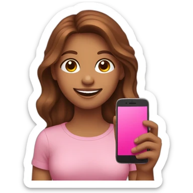 brown-haired girl, smiling and holding a pink cell phone in her hand sticker