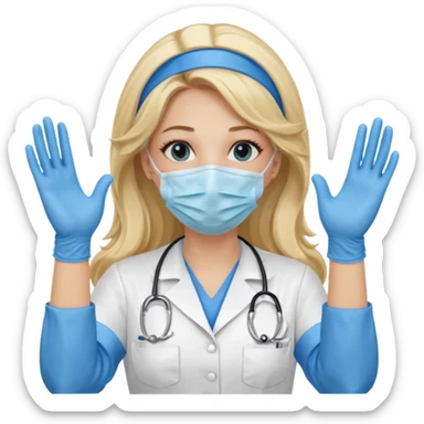 enfermera rubia con pelo largo sin nada en el pelo, con mascarilla y guantes azules las dos manos arriba sticker