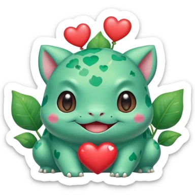 cute Bulbasaur Pokémon with winking face, heart-shaped decorations, joyful look, green and teal tones sticker