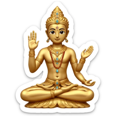 a golden statue of a Hindu deity seated in a yogic posture with one hand in a blessing gesture, adorned with ornate jewelry�. The figure sits on a decorated pedestal, radiating a sacred and traditional aura�. sticker