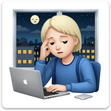 tired student with laptop, window at night behind, head on keyboard sticker