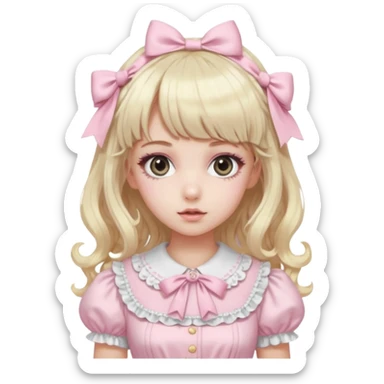 pale girl , who has curly medium length blonde and baby pink swirled hair with bangs , grey eyes , and doll like makeup , in a light pink lolita hime gyaru dress emoji | AI Emoji Generator sticker