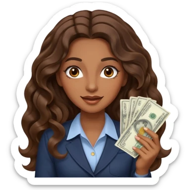 She has long, brown hair styled in soft wavy curls with a middle part. She has well-shaped eyebrows and dark brown eyes. She is wearing light makeup that highlights her natural beauty and is offering a slight smile to the camera. She is surprise when it comes to money sticker