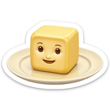 A 3D cartoon yellow butter block on a white ceramic dish, soft lighting, Memoji-style realism. sticker