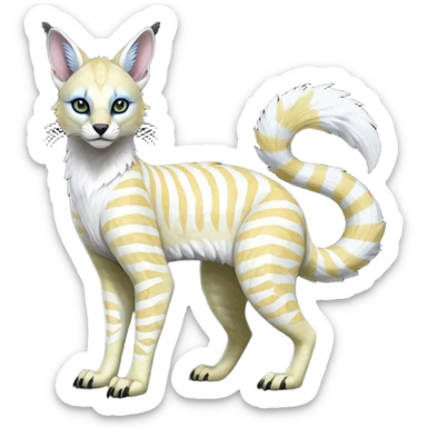 Realistic Colorful tropical tribal pale light white glorious iridescent exotic albino neon vibrant zigzagged fantasy-caracal-civet-genet-sergal-vernid-Gryphon-Cacomistle-Trico-oncilla-animal-Fakémon-hybrid-fursona (full body), facial markings, (realism style) sticker