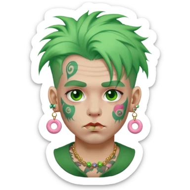 very colorful puffy green haired man made out of candy  and excessive face tattoos and excessive piercing just face  sticker