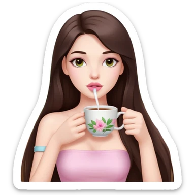 exotic pale girl, very full lips, long straight brunette hair, long lashes, pastel pink tube top, sipping tea  sticker