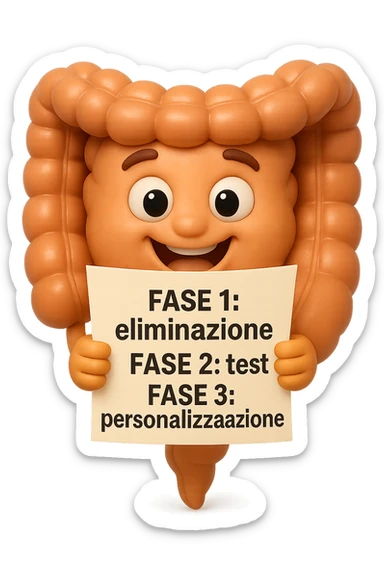 emoji stile iphone 3d di un intestino che tiene in mano un foglio con la scritta "FASE 1: eliminazione, FASE 2: test, FASE 3: personalizzazione, IPERREALISTICO 4K sticker