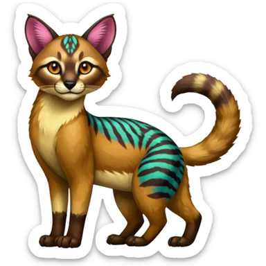 Vibrant-colored colorful painted marked patterned Asian glorious divine exotic cute cool beautiful shiny beautiful fantasy-caracal-civet-genet-sergal-vernid-Cacomistle-oncilla-animal-Fakémon-hybrid-fursona (full body) sticker
