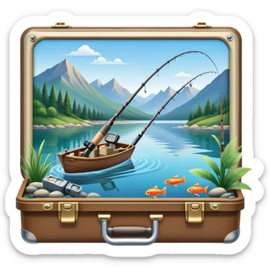 Icon for Fishing Travel: a fishing rod, tackle box and a boat on a calm lake surrounded by mountains and lush greenery, with fish jumping out of the water. The icon should capture the peaceful and adventurous nature of fishing trips. Transparent background. sticker