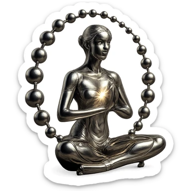 reflective chrome silhouette of a meditating woman with an open chest and a bright light emanating from within, spiral of spheres and glowing aura, highly metallic sticker