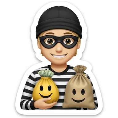 smiley robber wears black eye mask, black beanies and black and white stibes shirt with one money bag beside him sticker