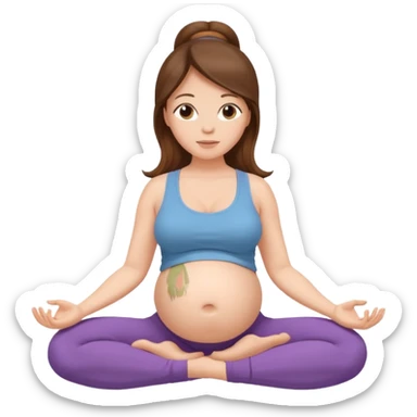 Pregnant woman sitting in a yoga pose with long brown hair and fair skin,." sticker