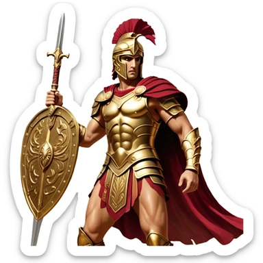 Cinematic-realistic Achilles, the unstoppable Greek warrior, standing fearlessly on the battlefield of Troy. His golden armor gleams under the scorching sun, each intricate engraving telling tales of his past glories. His piercing gaze locks onto his foe, his grip tightening around his ornate bronze sword as his crimson cape billows behind him. The dust swirls at his feet, the echoes of clashing weapons and distant war cries surrounding him, the essence of an immortal legend in motion. sticker