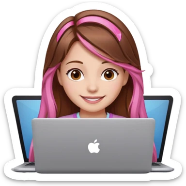 Make an apple emoji of a girl with brown hair that has pink strands of hair with her face behind a laptop screen facing her. sticker