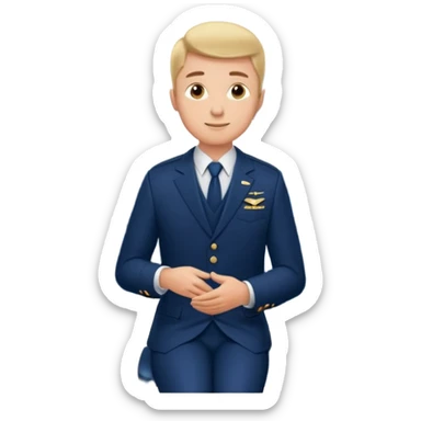 A  male courteous flight attendant checking seat rows with a polite, attentive posture. sticker