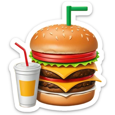 A clean and simple icon of fast food in emoji-style illustration. A burger with fries and a soda cup, bright and bold colors, simple shapes, flat design, high contrast, inviting and appetizing. sticker