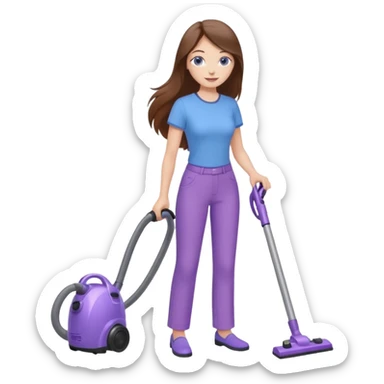 beautiful girl with long brown hair, blue eyes and wearing light purple clothes, cleaning and vacuuming sticker
