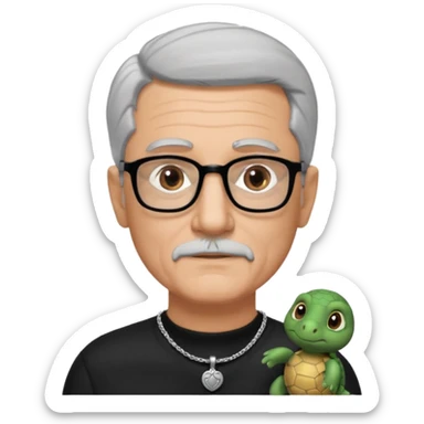 Tony Barceló is a strong, lively man in his 70s with short, neatly combed gray hair and a trimmed goatee. He has a broad face, square glasses, and a confident presence. He wears a black outfit with a silver turtle necklace, reflecting his thoughtful, creative energy as a writer. sticker