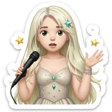 billie eilish is singing, 2 hands holding mirco and twinkle dresss, white long hair sticker
