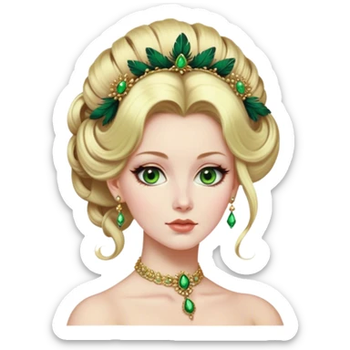 lady with Pale complexion, sharp features, high cheekbones, Blonde hair, green eyes, feathered ornaments, Regency-era elaborate updo with voluminous hairstyle sticker
