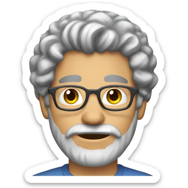 man grey curly hair gray beard (no mustache) wearing a shirt sticker