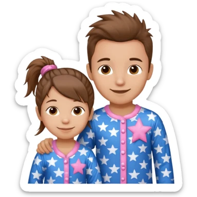 4 year old brown spikey haired boy with blue pajamas with stars on them and a 1 year old brown haired pony tail girl with pink pajamas, and stars on them with light skin. Top left on, can you make them smile more with lighter skin sticker