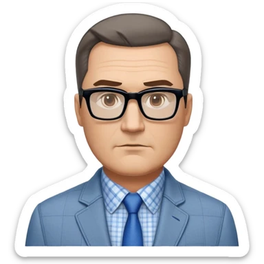 50-year-old heavyset man with very wide face and prominent square jawline. Short straight hair combed to the side, not balding. Large dark square glasses. Serious-relaxed expression. Light gray jacket that fits his larger frame, white shirt with blue checkered pattern. sticker